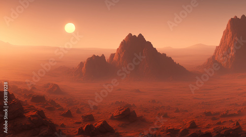 Martian Landscape, panoramic view, sun setting on the horizon casting a golden glow and a distant mountain range in the background, breathtaking location, desktop background, 4k