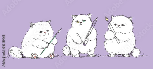 Three white fluffy kittens hold a brush, a pencil and a pen in their paws. Pets are artist friends. Baby Cats on a Very Peri color background. Hand drawn vector illustration