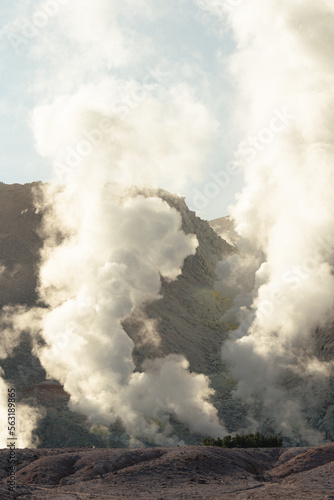 Sulphurous gas clouds rising from volcanic landscape, Mt Io, Hokkaido,