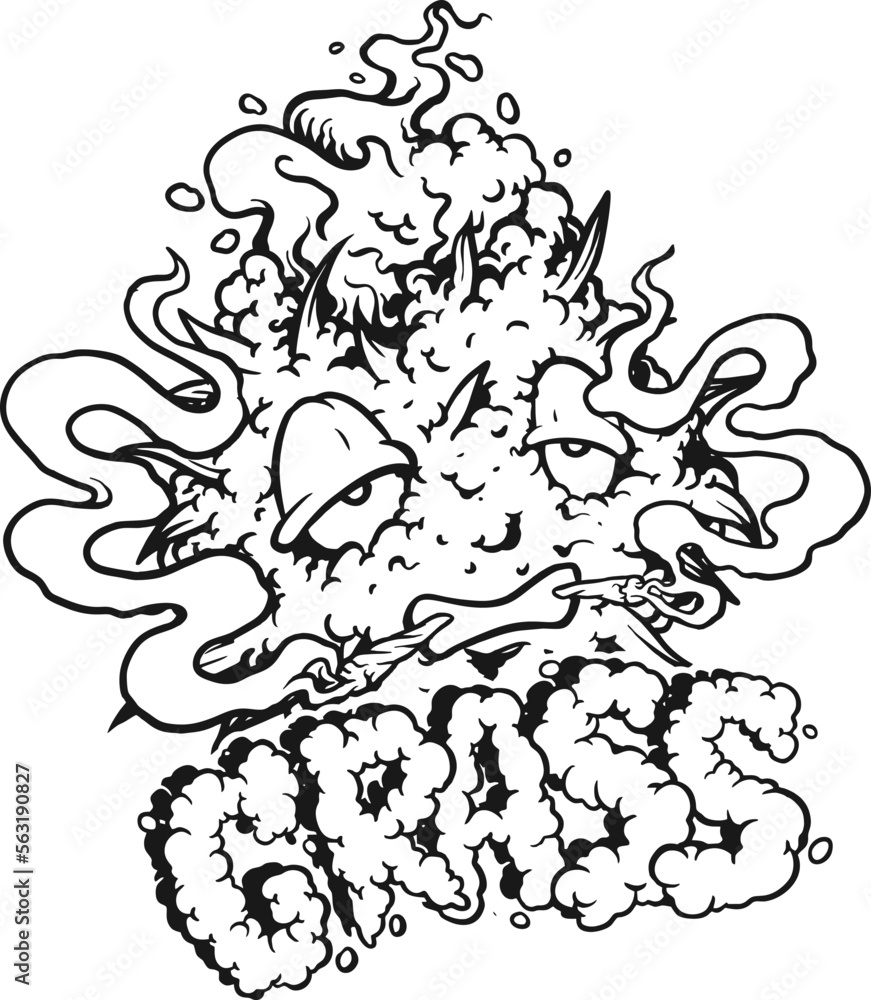 Monster cannabis bud leaf smoking weed with grass word hand lettering ...