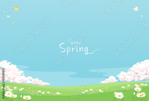 Photographie コピースペースがある春の背景イラスト　桜の木と青空　野原の花と蝶