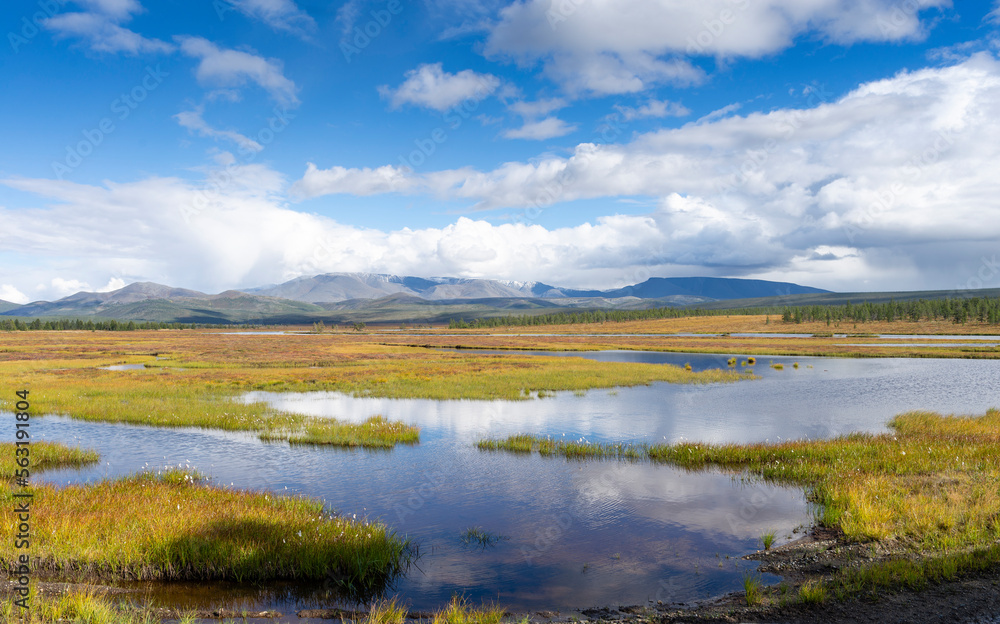 Obraz premium Far East of Russia, Magadan region, Susumansky district, lake Malyk..Surroundings of the mountain lake Malyk in the north of the Far East is located five hundred kilometers from the city of Magadan.