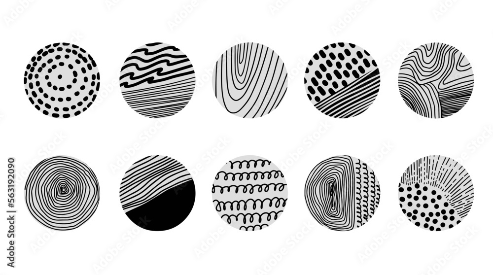 Social media Icons templates. Set of round Abstract black Backgrounds or Patterns. Hand drawn doodle shapes.