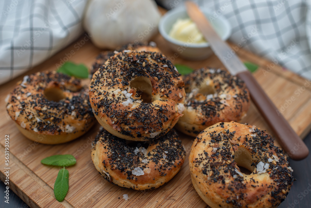home made Bagel with poppy seeds on a table home made Bagel with poppy seeds on a table