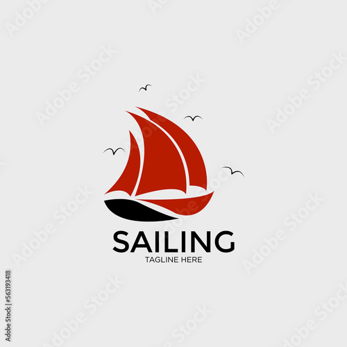 Boat for Sailing, Fisherman Sailboat in Ocean Sea Wave Silhouette logo design