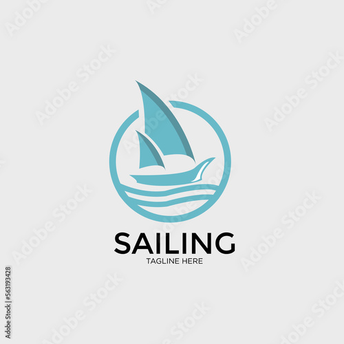 Boat for Sailing, Fisherman Sailboat in Ocean Sea Wave Silhouette logo design