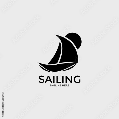 Boat for Sailing, Fisherman Sailboat in Ocean Sea Wave Silhouette logo design