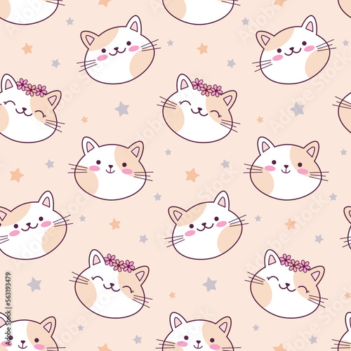 Hand drawn seamless pattern with cute kawaii cats faces on beige background. Doodle cartoon style for kids textile  children room  baby shower  nursery decoration.