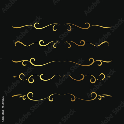 Hand drawn golden filigree dividers. Ornate swirl borders. Vector isolated gold fancy separators. Classic wedding invitation calligraphic lines.