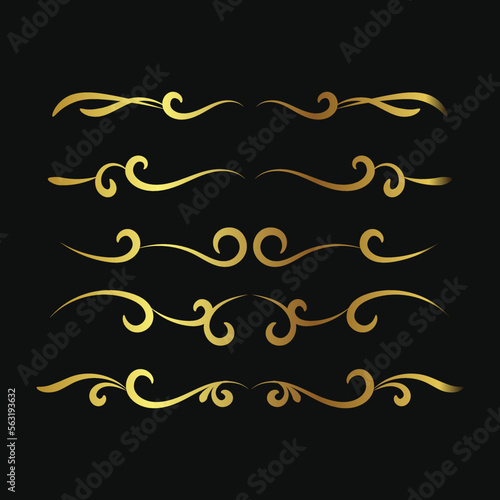 Hand drawn golden filigree dividers. Ornate swirl borders. Vector isolated gold fancy separators. Classic wedding invitation calligraphic lines.