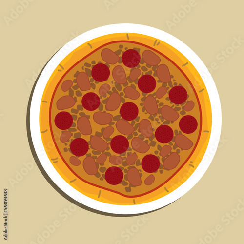 Homemade Meat Loves Pizza with Pepperoni Sausage and Bacon. Pizza illustration, Food illustration, Food Cartoon.