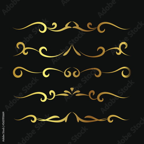 Hand drawn golden filigree dividers. Ornate swirl borders. Vector isolated gold fancy separators. Classic wedding invitation calligraphic lines.
