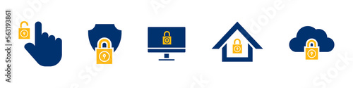 Protection system icon collection. unlock password icon, shield, security system, house security, and cloud protection icon in flat style concept.	