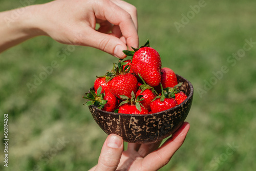 A man's hand holds ripe delicious strawberries on a wooden plate