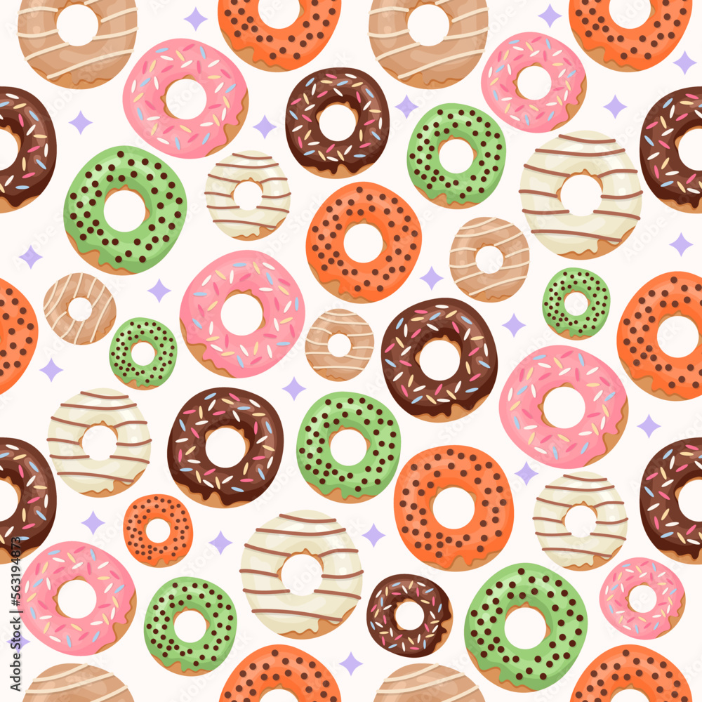 Hand drawn of top view colorful tasty donuts seamless pattern background vector stock Hand drawn of top view colorful tasty donuts seamless pattern background vector stock