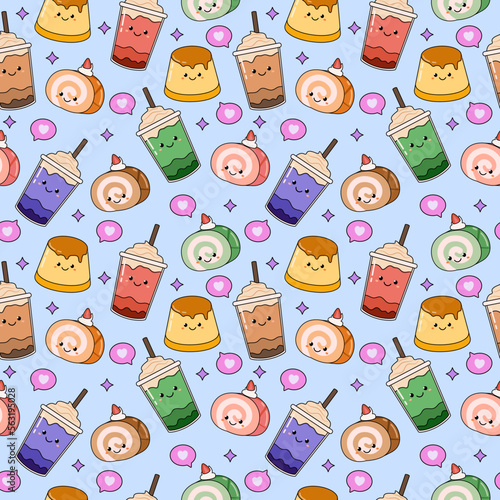 Hand drawn of cute delicious roll cake, pudding and beverages outline concept seamless pattern background
