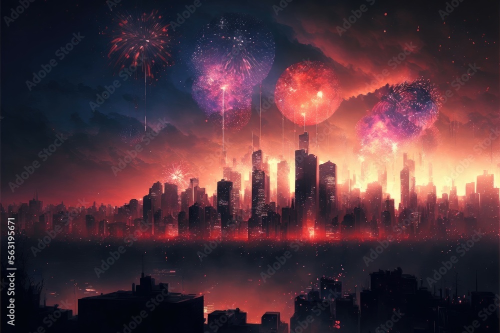 Fireworks over a city. Generative AI