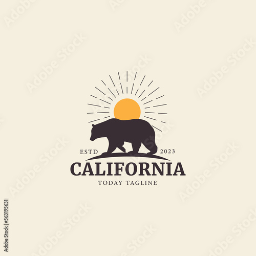 California vintage typography Grizzly bear logo vector sunset,mountain symbol illustration design for badge,sticker,label,brand,shirt
