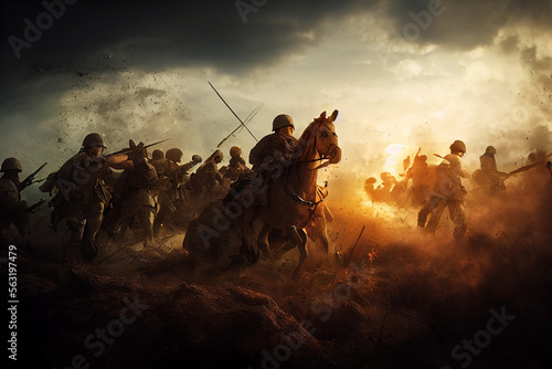 Canvas Print WW1 battlefield horses and soldiers in chaotic world war one