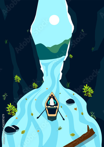 canoes wade the river inside the cave for posters or wall hangings