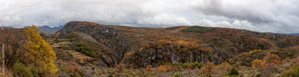 Panoramic View of Farm Fields and Mountain Landscape. Comps-sur-Artuby, France, Europe. Cloudy Sky Panoramic View of Farm Fields and Mountain Landscape. Comps-sur-Artuby, France, Europe. Cloudy Sky