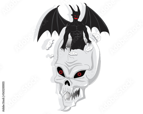 vector cartoon illustration design of a skull head of a fanged monster with red eyes the eye on the top of the head is cracked and there is a winged black demon like creature coming out