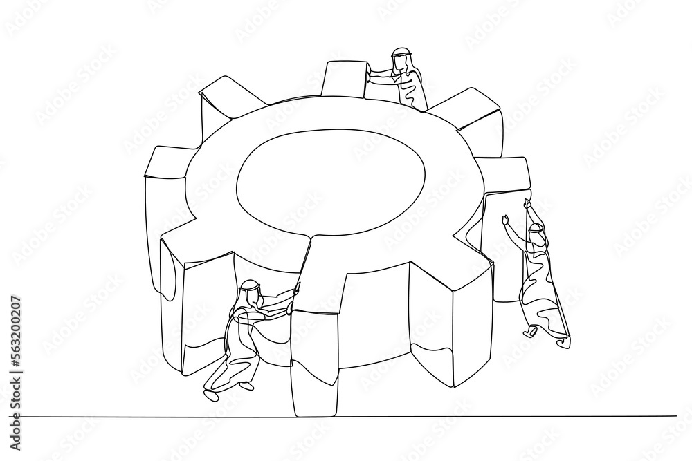Illustration of arab man spinning cogwheel gear together with team concept of hard work team. Single continuous line art style