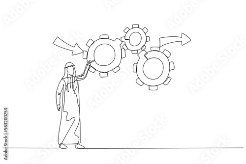 Drawing of arab man make cogwheels work effective and efficient for best result concept of workflow management. One line art style