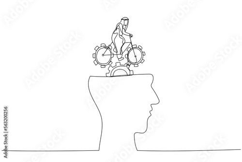 Cartoon of arab man riding bike with gears on head. Single line art style photo
