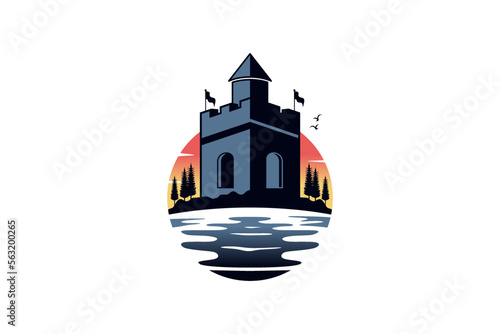 Castle logo design with sunset and ocean background