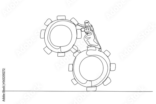 Cartoon of arab man leader use magnifying glass analyze cog wheels problem concept problem fix. Single line art style