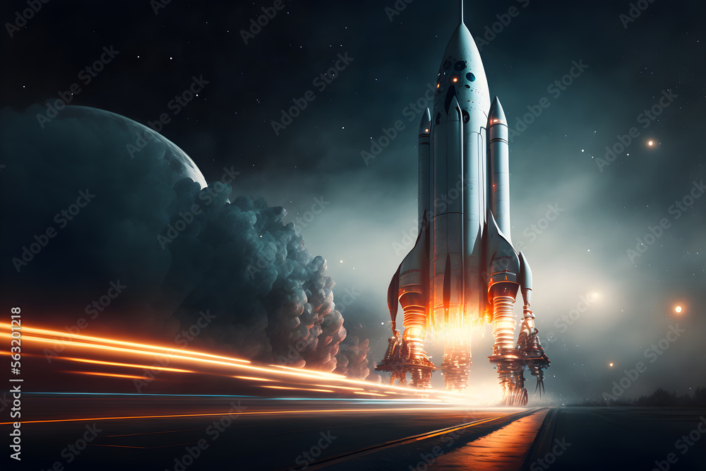 Spacecraft takes off from the launch pad on earth. Space exploration ...