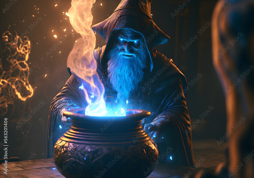 Evil sorcerer wizard is brewing a magical magic potion in a cauldron