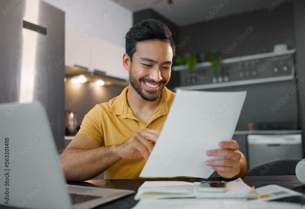 Planning, smile and Asian man with paperwork and a laptop for finance budget, entrepreneurship and tax. Happy, summary and freelancer reading the proposal of a project, financial deal or report - obrazy, fototapety, plakaty 