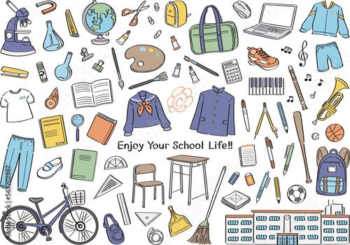 学校生活の文房具や道具のイラストセット（中学校・高校）