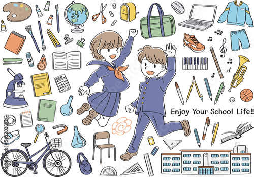学校生活の文房具や道具と、ジャンプする制服の男子と女子のイラストセット
