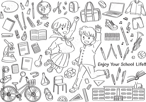学校生活の文房具や道具と、ジャンプする制服の男子と女子のイラストセット　線画