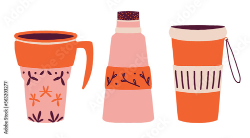 Three hand drawn thermo mugs, tumbler with lid, reusable cups for hot drinks. Thermos for take away drink. Trendy vector illustration for icon, logo, print, icon, card, emblem, label.