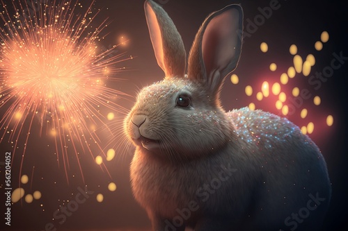 Chinese New Year Cute Rabbit with Fireworks