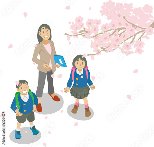 桜を見上げる小学校の生徒と教師