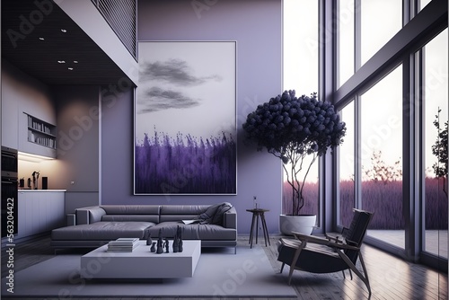 A modern house, in a minimalist millenium crib, high ceiling and filled with warm Lavender colour as the wall blend in with the design of the furniture. photo