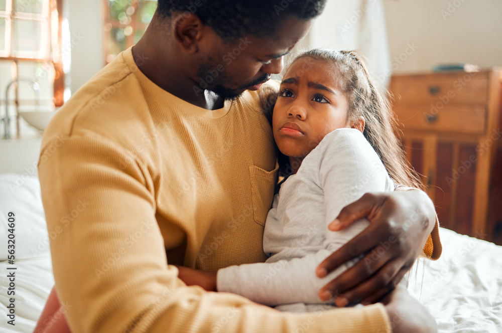 Sick, sad and father holding his child with an illness, pain or problem in her bedroom at their home. Ill, care and African dad holding his girl kid with concern while she has the flu, cold or fever. Sick, sad and father holding his child with an illness, pain or problem in her bedroom at their home. Ill, care and African dad holding his girl kid with concern while she has the flu, cold or fever.