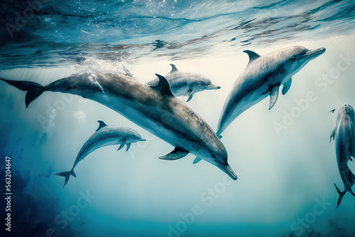 Four Blue Dolphins Swimming Under The Blue Ocean Watercolor - Generative AI