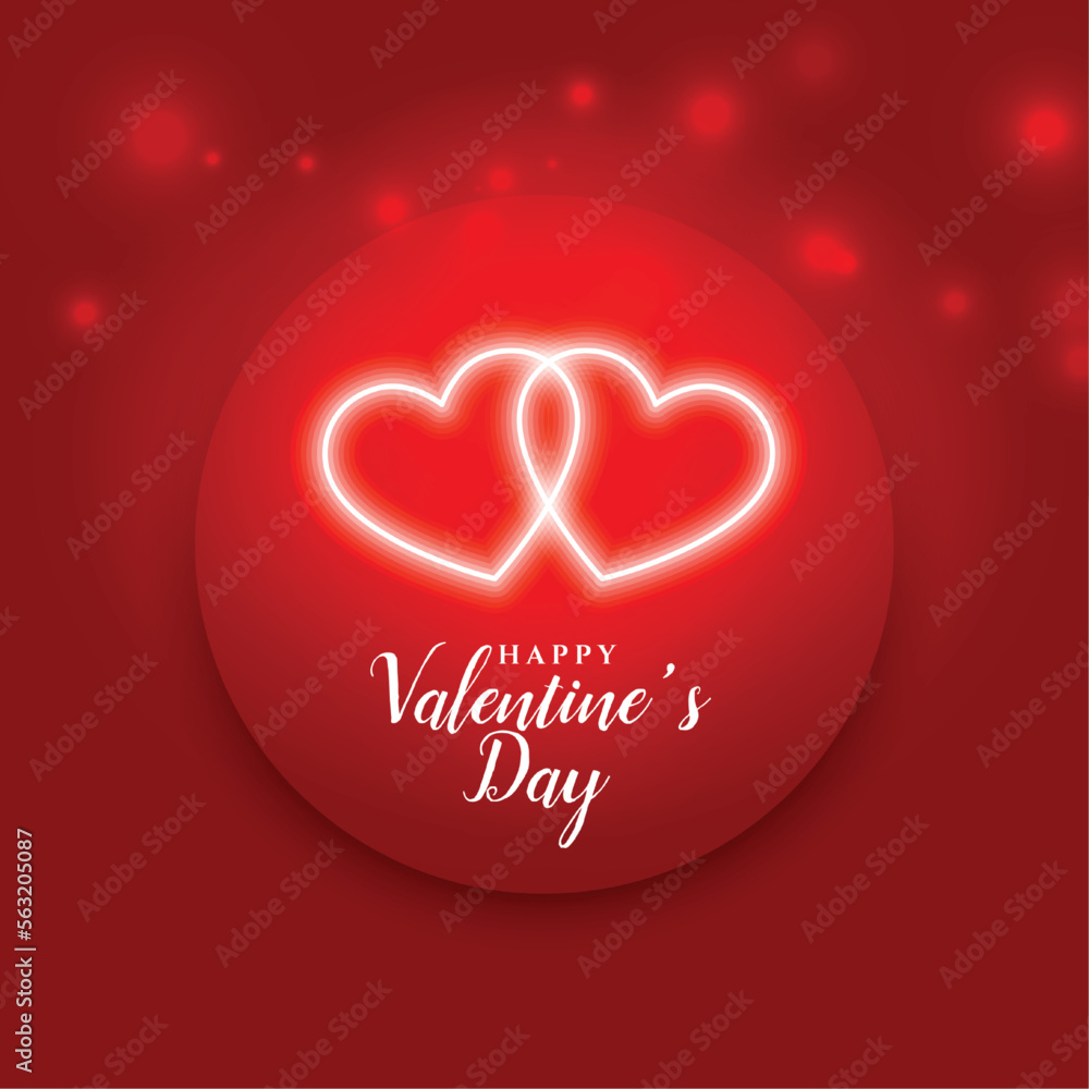 glowing white neon hearts valentines day red background