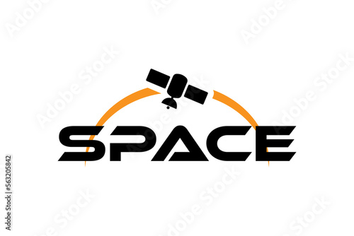 Word Space with satellite in orbit vector logo icon isolated on white background