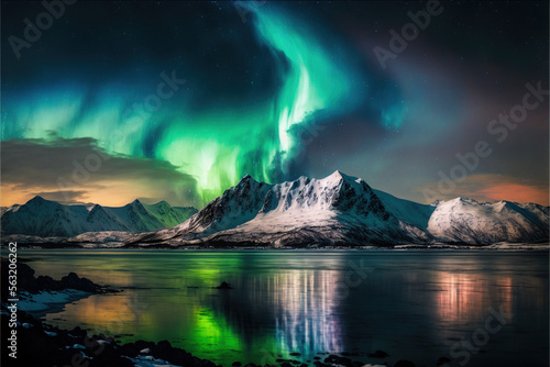 Snowy Borealis Mountain With Aurora Reflecting on Lake - Watercolor - Generative AI 
