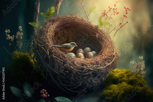 Bird nest with eggs, protecting eggs, generative AI