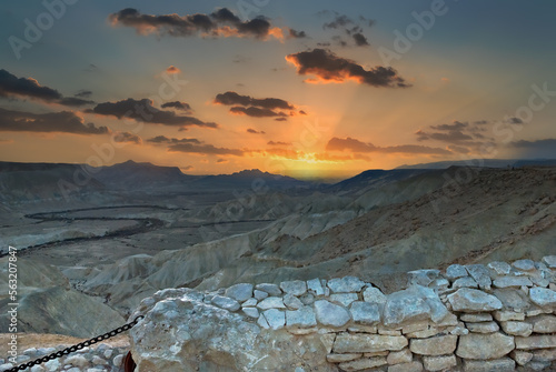 Sunrise and scenic view on Ein Avdat National Park, desert of the Negev, Israel