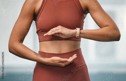 Fitness, woman and hands in tai chi training, spiritual exercise or yoga for healthy mind and body at the gym. Female holding ball of energy in practice for healing, chakra or balance for wellness