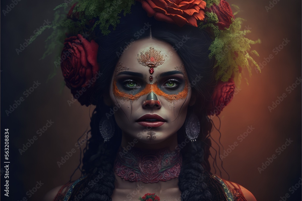 Dia de los muertos, Mexican holiday of the dead and halloween. Woman with skull make up and flowers. This image is generated with generative AI